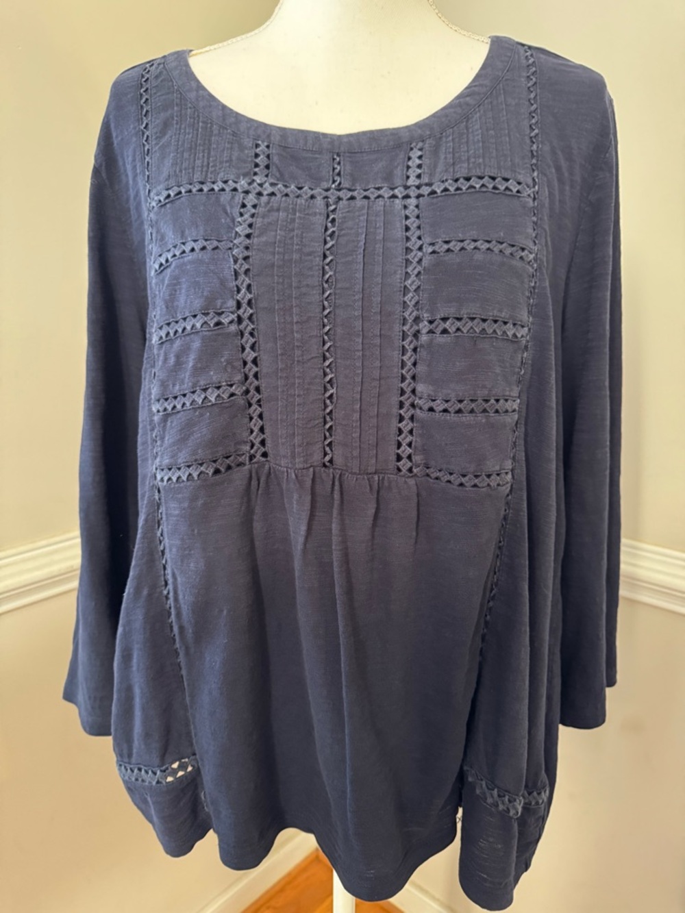 Talbots Navy Crochet-Trim Long Sleeve Blouse Size XL - Picture 1 of 4